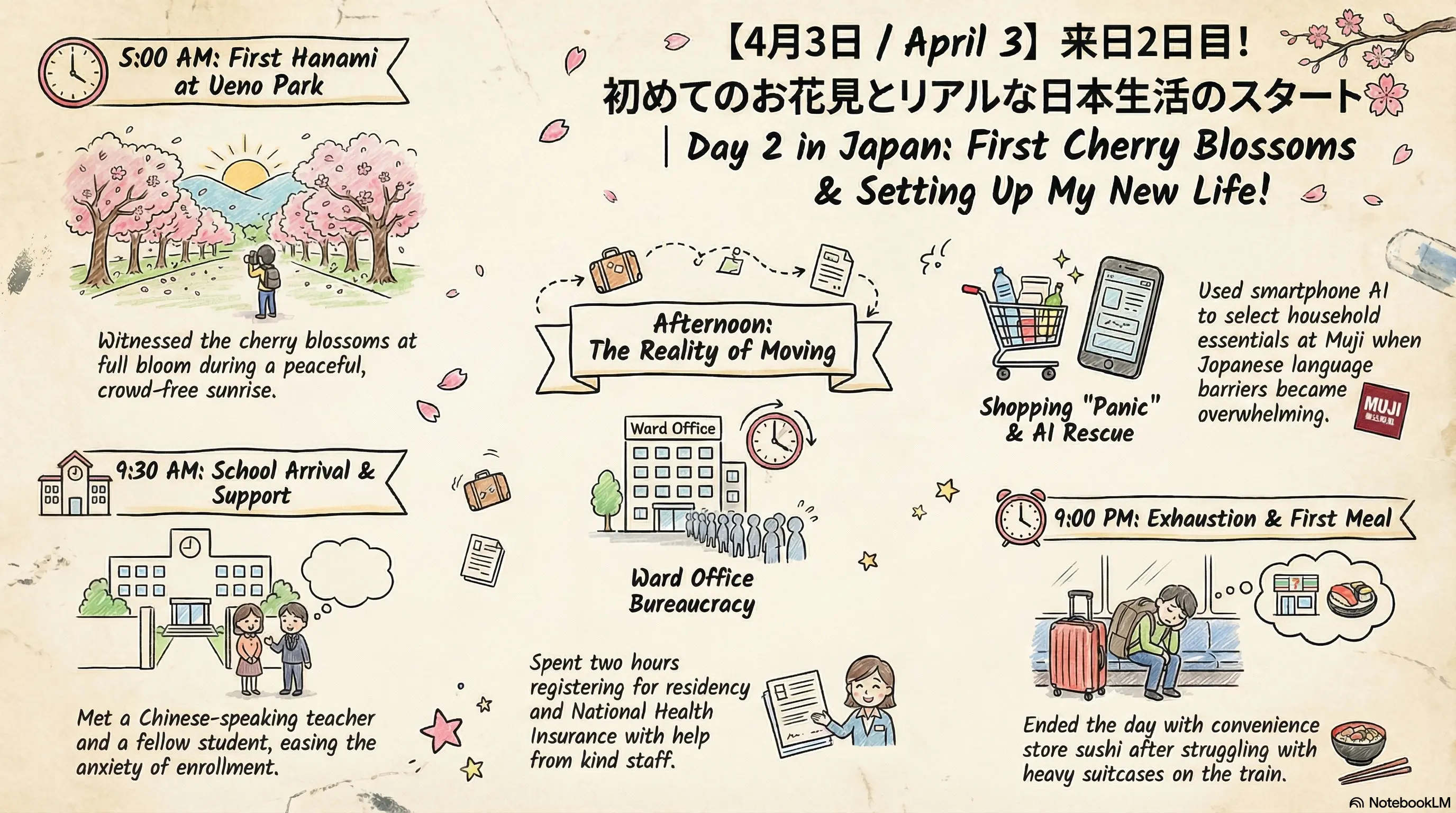 日本留学初日：上野の桜とAIに助けられた新生活のスタート